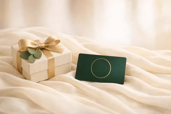Tarjeta de la Membresía Gold y un regalo sobre seda